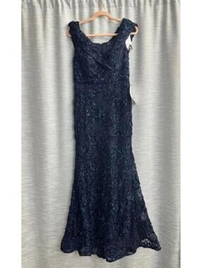Navy Sequin & Lace Off the Shoulder Gown Xscape Evenings 8P